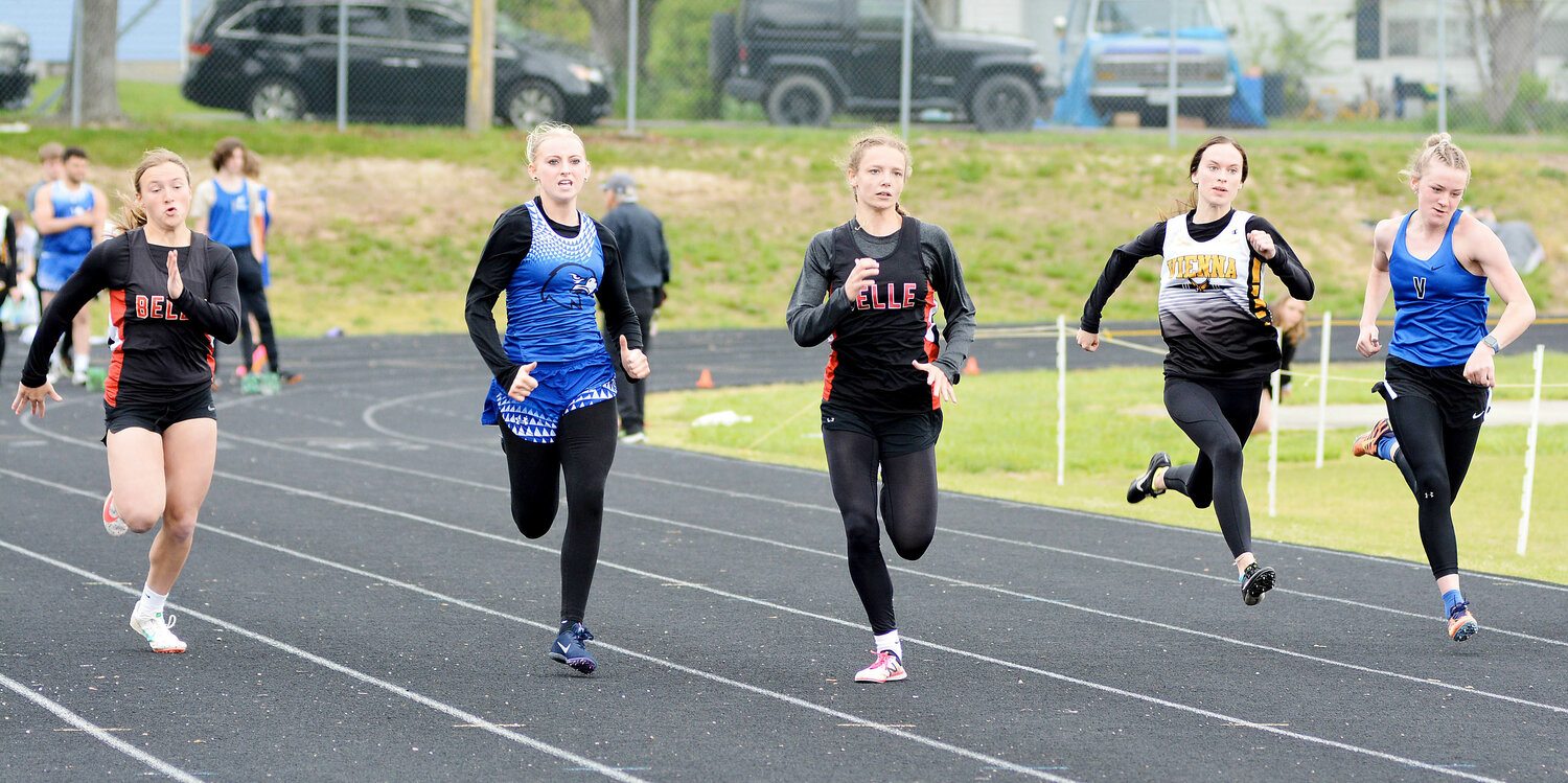 Maries County sprinters (from left) competing in the girls 100-meter dash during Saturday’s Gasconade Valley Conference (GVC) track meet at Cuba High School include Belle’s Aubrey Rehmert, Belle’s Hali Naber and Vienna’s Tori Schulte.